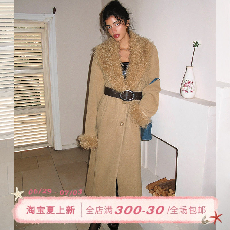 ITSNIKAR 经典毛毛拼接翻领毛呢外套女秋冬立体保暖过膝长款上衣