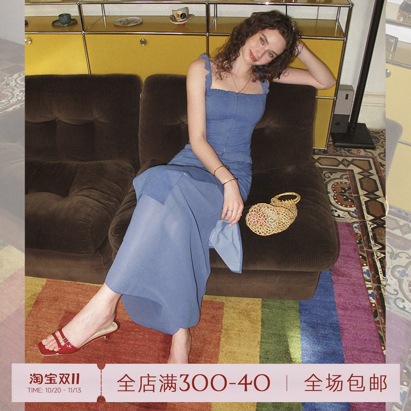 ITSNIKAR 美式复古弹力牛仔套装女夏小飞袖吊带拼接半身裙两件套