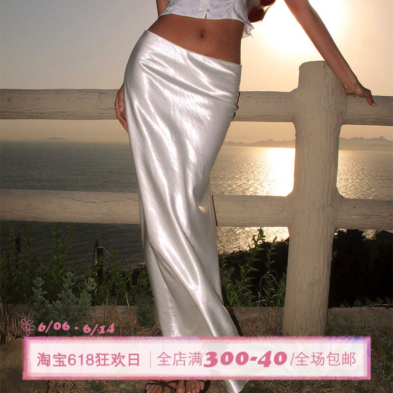 ITSNIKAR 法式丝光缎面半身裙女夏性感修身包臀裙复古白色长裙子