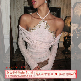 ITSNIKAR法式长袖一字肩毛针织衫女荡领露肩毛衣收腰显瘦挂脖上衣