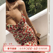ITSNIKAR法式 玫瑰碎花连衣裙女秋复古红色吊带裙海边度假修身 裙子