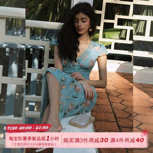 ITSNIKAR 复古V领雪纺印花连衣裙女夏性感镂空包臀裙度假风长裙子