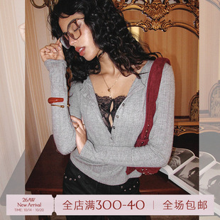 ITSNIKAR 假两件V领毛针织衫女秋性感显瘦打底衫蕾丝拼接长袖上衣