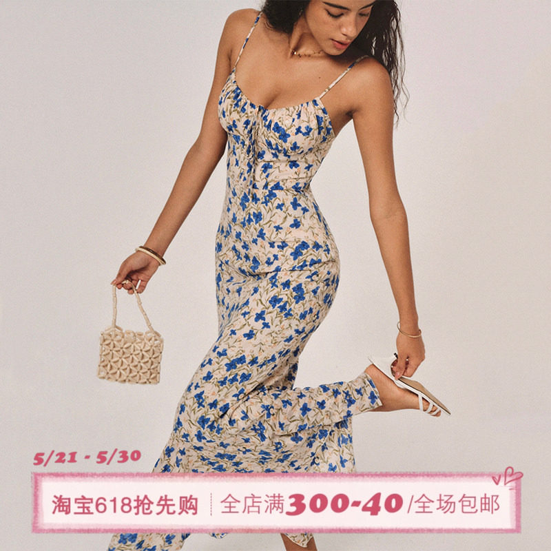 ITSNIKAR法式蓝色蝴蝶碎花连衣裙女夏海边吊带裙海岛度假长款裙子