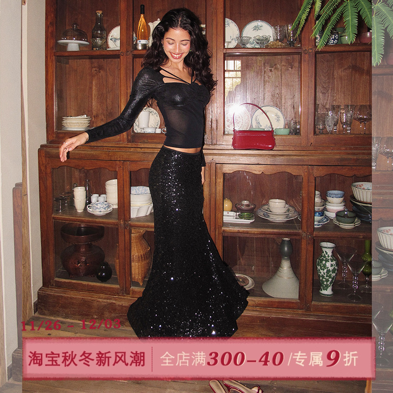 ITSNIKAR 重工珠片细闪半身裙女秋弹力修身鱼尾裙包臀显瘦长裙子