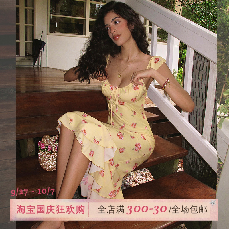ITSNIKAR【獨家印花】法式碎花吊带连衣裙女夏荷叶边设计鱼尾裙子