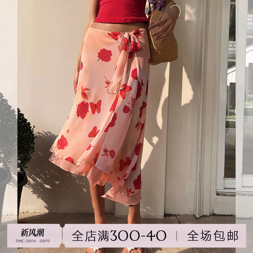 ITSNIKAR经典雪纺印花半身裙女夏不规则绑带包臀裙复古垂感短裙子