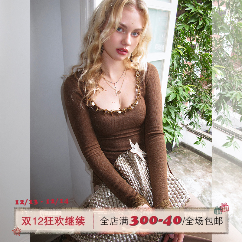 ITSNIKAR 经典U领针织衫女初秋修身显瘦打底衫性感蕾丝拼接短上衣