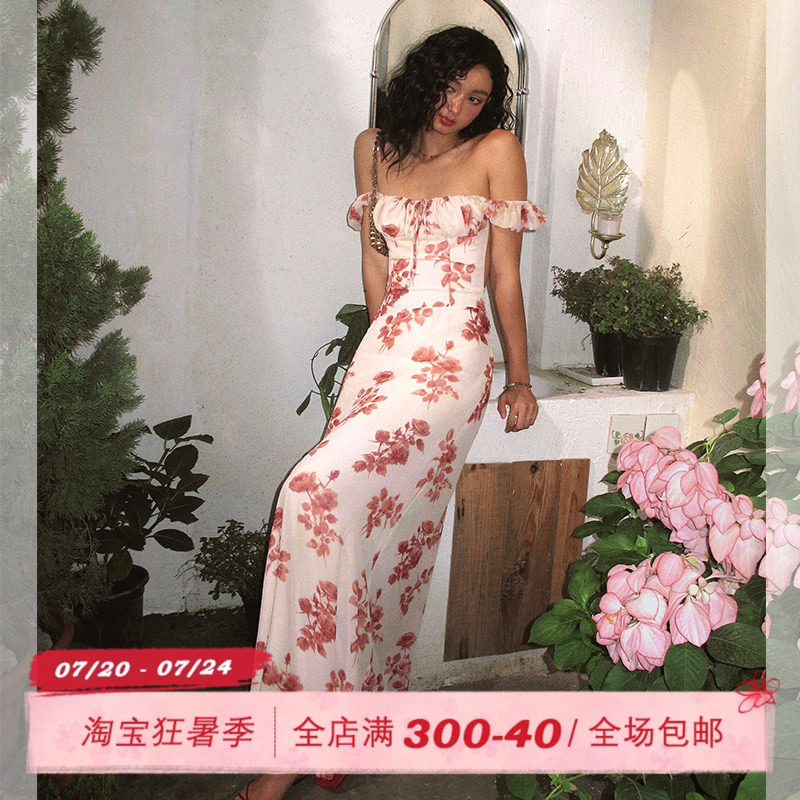 ITSNIKAR 复古印花短袖连衣裙女夏露背绑带包臀裙方领显瘦长裙子