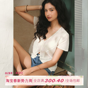 短袖 女早春v领设计感修身 T恤上衣 复古蕾丝花边马甲衬衫 ITSNIKAR