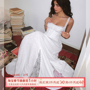 ITSNIKAR法式复古蕾丝连衣裙女性感收腰鱼骨吊带裙高级白色长裙子