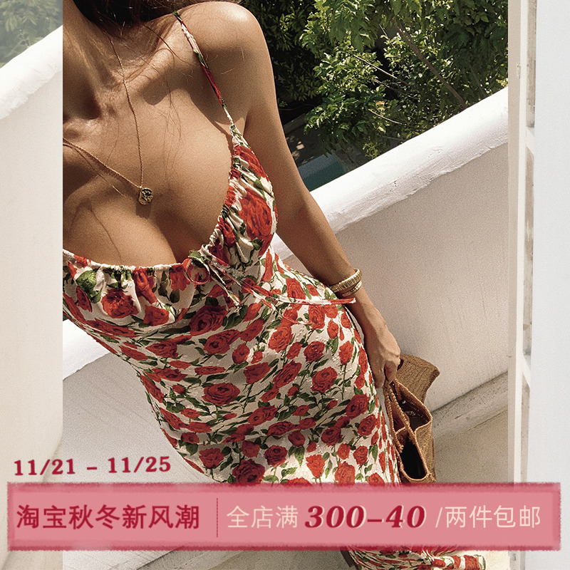 ITSNIKAR玫瑰花度假风吊带裙子