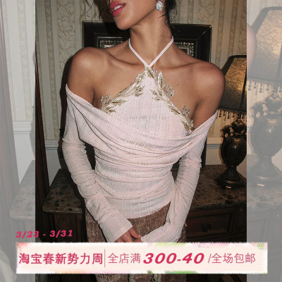 ITSNIKAR法式长袖一字肩毛针织衫女荡领露肩毛衣收腰显瘦挂脖上衣