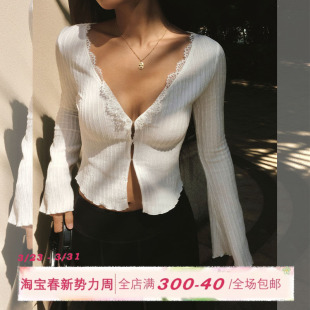 性感针织衫 长袖 女早秋白色复古开衫 罩衫 蕾丝上衣 修身 ITSNIKAR法式