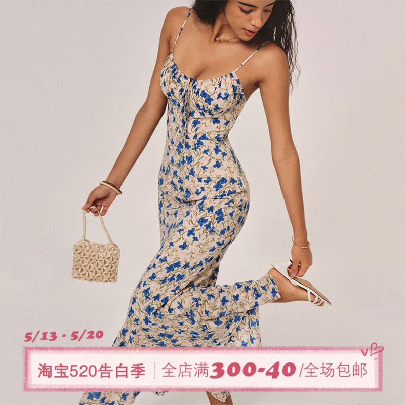 ITSNIKAR法式蓝色蝴蝶碎花连衣裙女夏海边吊带裙海岛度假长款裙子
