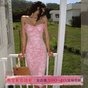 ITSNIKAR法式 玫瑰花吊带连衣裙女夏黑色蕾丝包臀裙性感显瘦长裙子