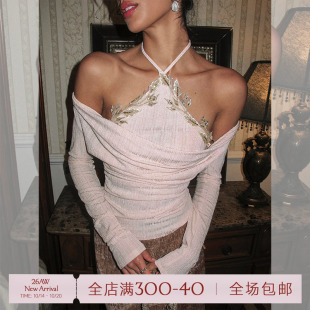 ITSNIKAR法式长袖一字肩毛针织衫女荡领露肩毛衣收腰显瘦挂脖上衣