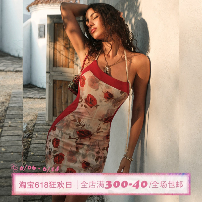 ITSNIKAR 复古碎花挂脖连衣裙女夏性感修身包臀裙经典显瘦短裙子