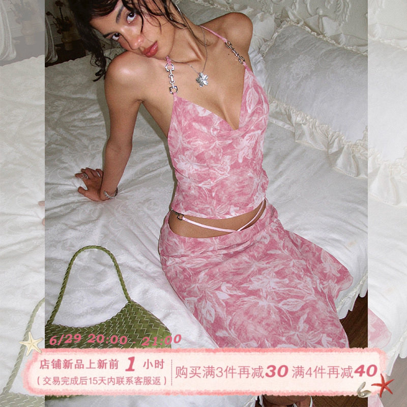 ITSNIKAR慵懒风荡领性感露背吊带套装女夏印花显瘦包臀裙子两件套