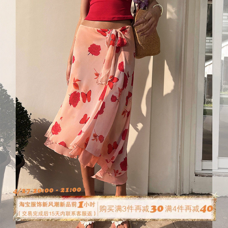 ITSNIKAR 经典印花半身裙女初春不规则雪纺包臀裙复古垂感短裙子