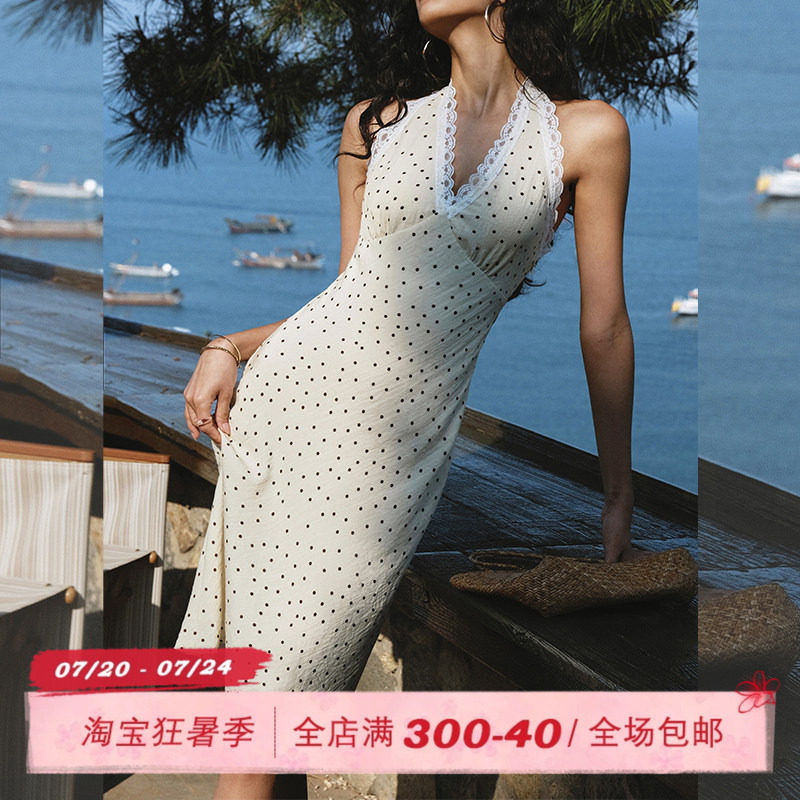 ITSNIKAR 法式V领挂脖连衣裙女夏性感蕾丝包臀裙修身显瘦长款裙子