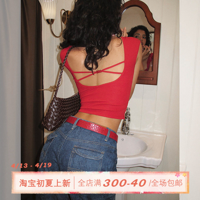 ITSNIKAR 莱赛尔天丝红色方领针织短袖T恤女夏露背性感显瘦短上衣