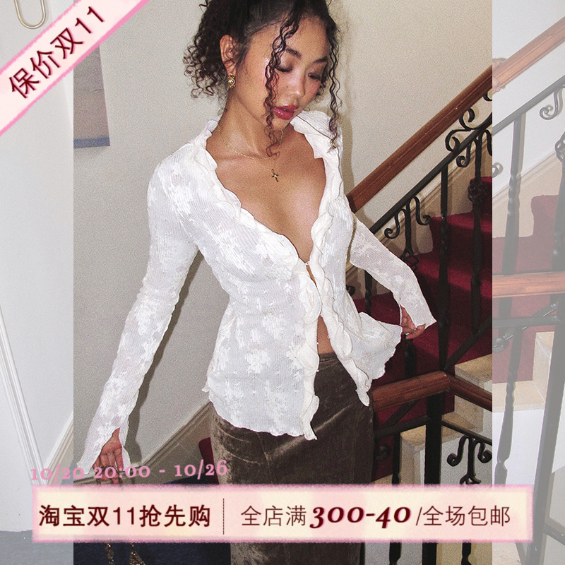 ITSNIKAR 法式性感v领针织衫女初秋荷叶边提花开衫朦胧感显瘦上衣