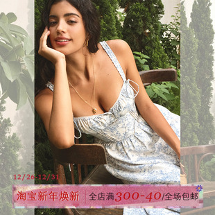 ITSNIKAR 气质蕾丝蓝色碎花连衣裙女海边度假吊带裙中长裙子 法式