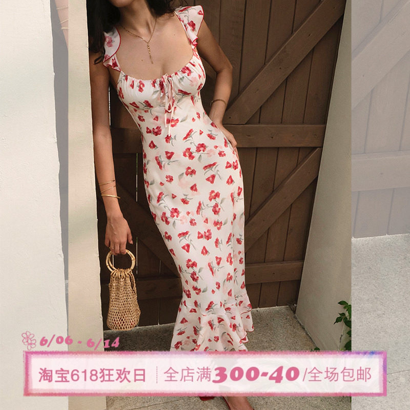 ITSNIKAR法式印花吊带连衣裙女夏荷叶边设计包臀裙优雅显瘦长裙子