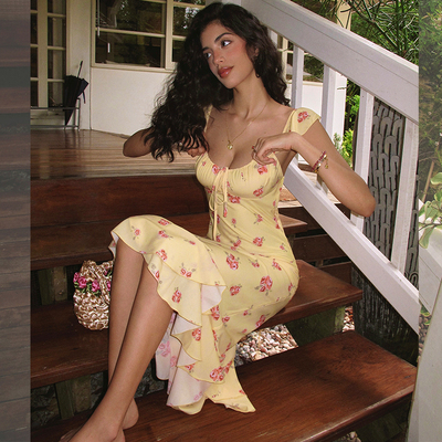 ITSNIKAR【獨家印花】法式碎花吊带连衣裙女夏荷叶边设计鱼尾裙子