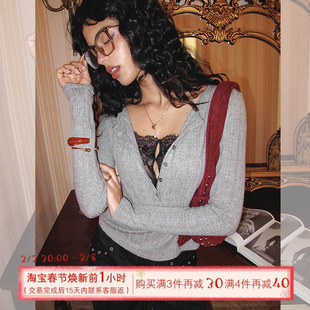 ITSNIKAR 假两件V领毛针织衫女秋性感显瘦打底衫蕾丝拼接长袖上衣