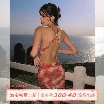 ITSNIKAR复古红色碎花连衣裙女性感挂脖吊带裙海边露背度假长裙子