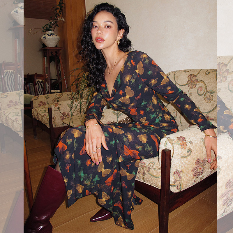 ITSNIKAR【蝴蝶森林】复古蝴蝶印花荡领连衣裙女黑色性感鱼尾裙子,女装/女士精品,连衣裙,淘宝优惠券,粉丝福利购,淘宝优惠卷