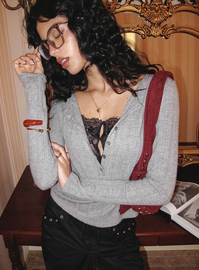 ITSNIKAR 假两件V领毛针织衫女秋性感显瘦打底衫蕾丝拼接长袖上衣