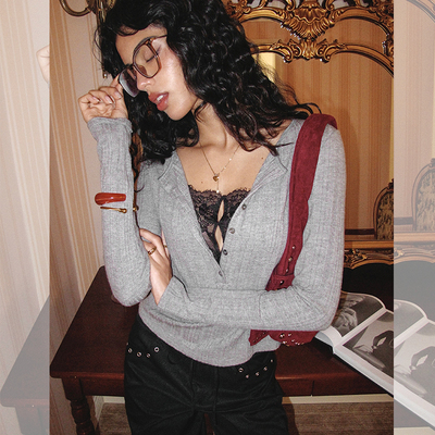 ITSNIKAR 假两件V领毛针织衫女秋性感显瘦打底衫蕾丝拼接长袖上衣