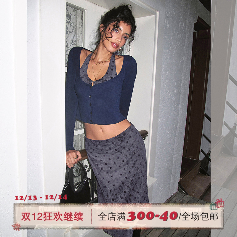 ITSNIKAR 法式真两件挂脖露背波点套装女秋冬立体显瘦半裙三件套