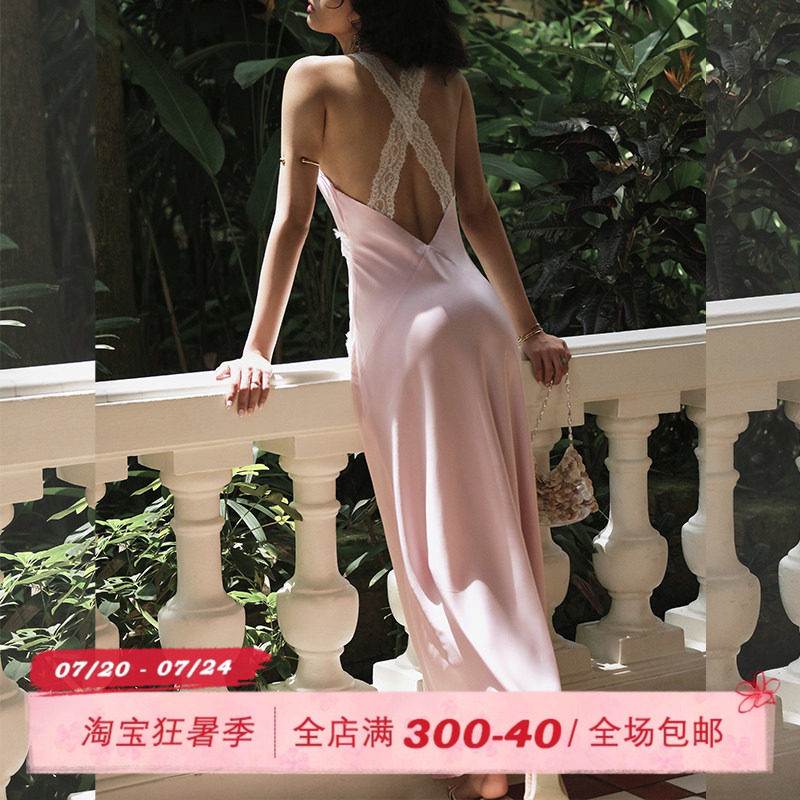 ITSNIKAR 法式缎面镂空吊带连衣裙女夏蕾丝性感包臀裙修身长裙子