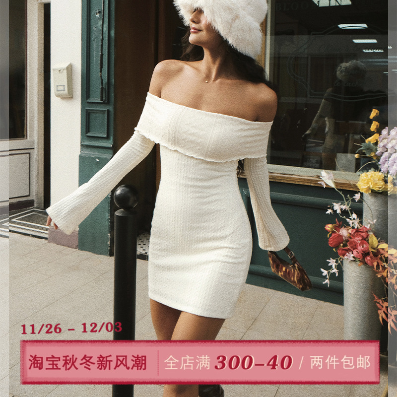 ITSNIKAR法式一字肩针织连衣裙