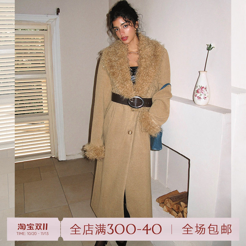 ITSNIKAR 经典毛毛拼接翻领毛呢外套女秋冬立体保暖过膝长款上衣