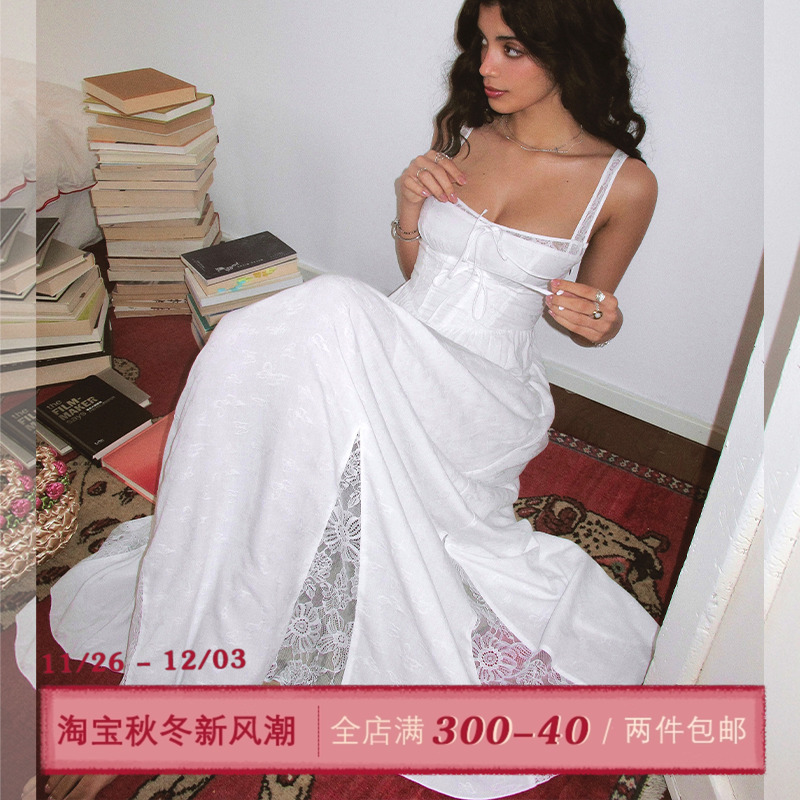 ITSNIKAR法式复古蕾丝连衣裙女性感收腰鱼骨吊带裙高级白色长裙子