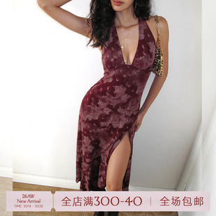 ITSNIKAR 复古酒红V领丝绒挂脖连衣裙女性感露背新中式吊带长裙子