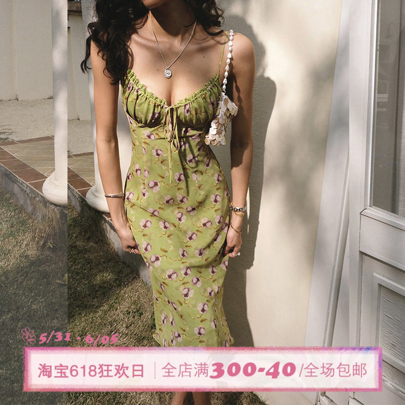 ITSNIKAR度假风撞色印花吊带连衣裙女梨形包臀裙海岛沙滩长款裙子