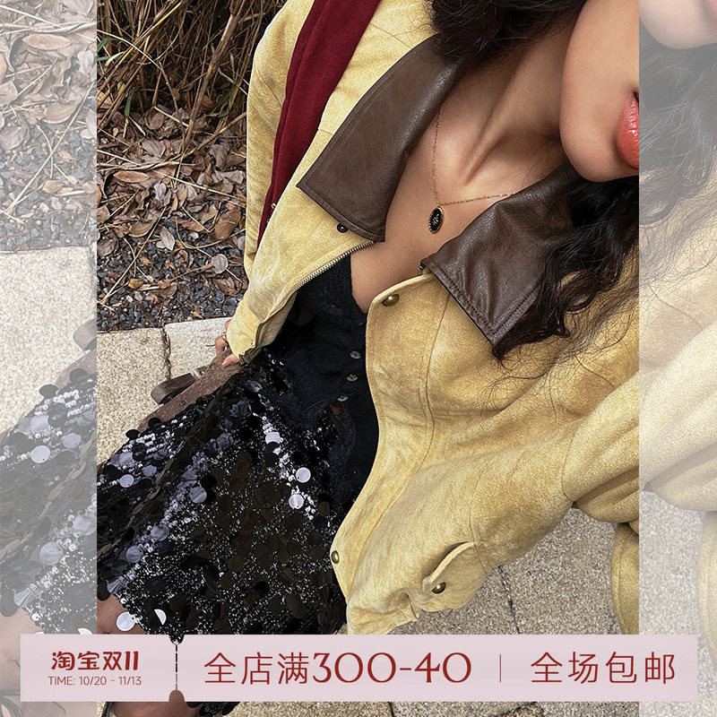ITSNIKAR 美拉德复古皮领拼接麂皮外套女秋冬立体显瘦加绒短上衣