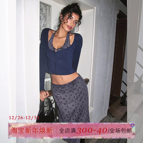 ITSNIKAR 法式真两件挂脖露背波点套装女秋冬立体显瘦半裙三件套