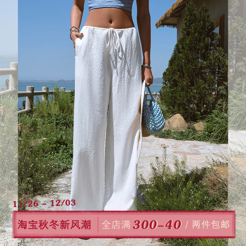 ITSNIKAR慵懒风白色休闲裤女棉麻亚麻松弛感度假阔腿裤垂感长裤子