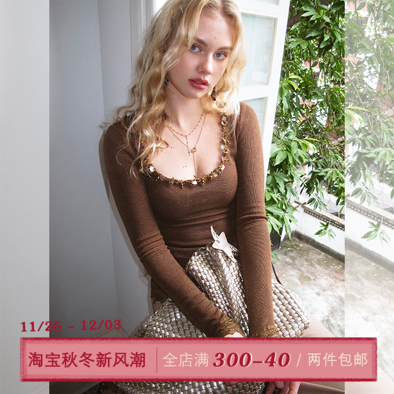 ITSNIKAR 经典U领针织衫女初秋修身显瘦打底衫性感蕾丝拼接短上衣