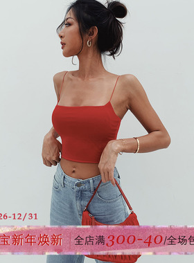 ITSNIKAR红色吊带背心女欧美平口抹胸新款可拆卸带胸垫裹胸外穿
