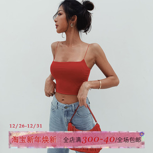 ITSNIKAR红色吊带背心女欧美平口抹胸新款 可拆卸带胸垫裹胸外穿