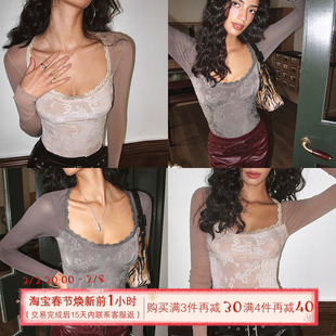 ITSNIKAR复古提花方领针织衫女秋冬蕾丝撞色打底衫内搭连体短上衣