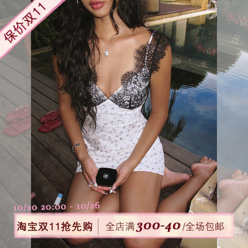 ITSNIKAR蕾丝拼接印花吊带连衣裙女提花设计包臀裙优雅性感短裙子